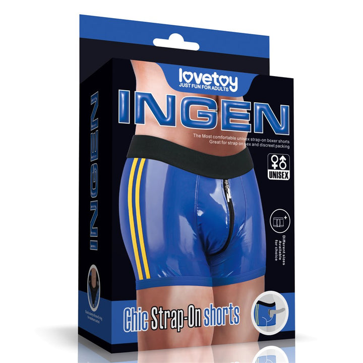 LOVETOY Chic Strap-On Shorts — 32–35 cali w pasie, niebieski