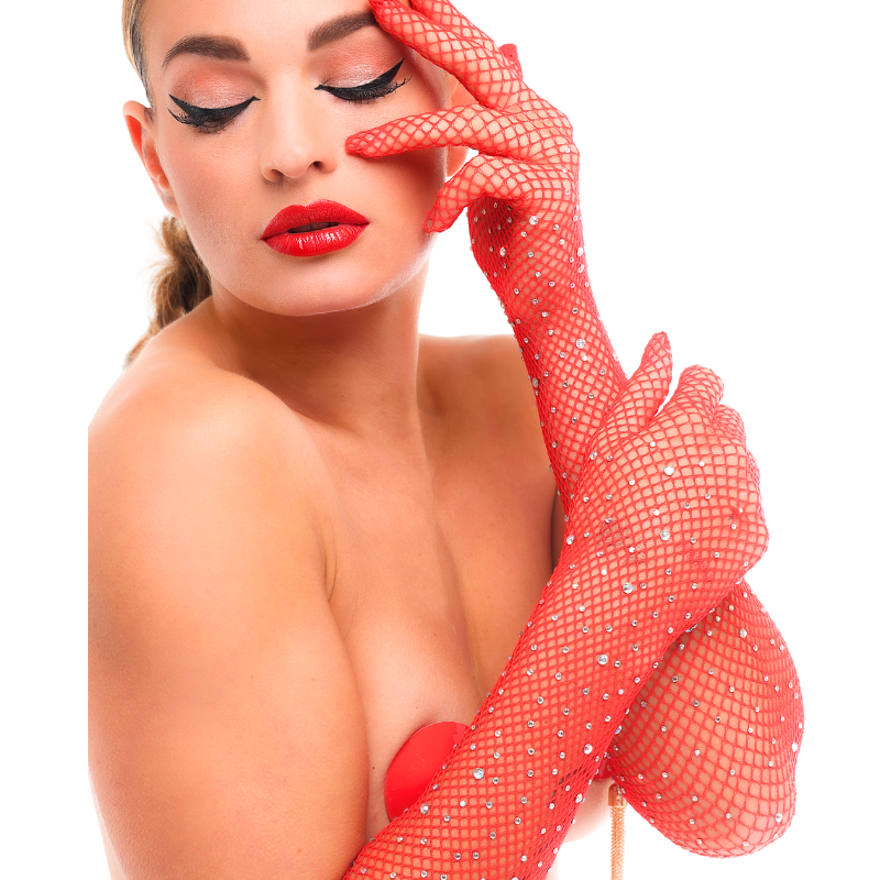 Rękawiczki Z Cyrkoniami Starlet Gloves Red/Rhinestones Kinky Diva — zdjęcie produktu od PLAYROOM