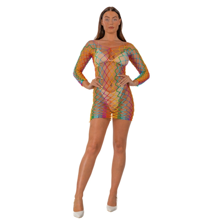 Lace by LJ – tęczowa sukienka mini z długimi rękawami